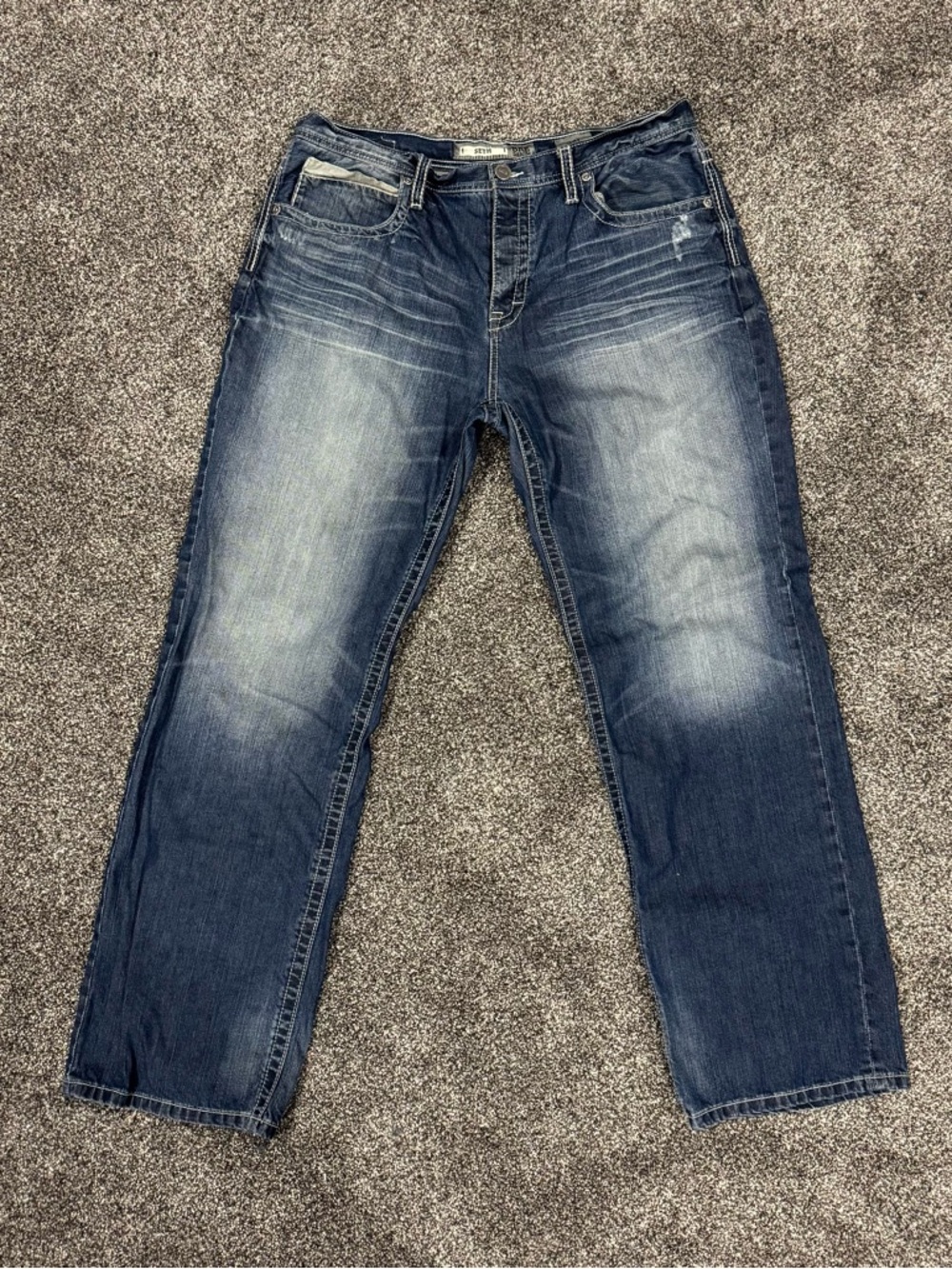BKE Buckle Jeans Men 38L Blue Seth Straight Button Fly Distressed Fade Cotton